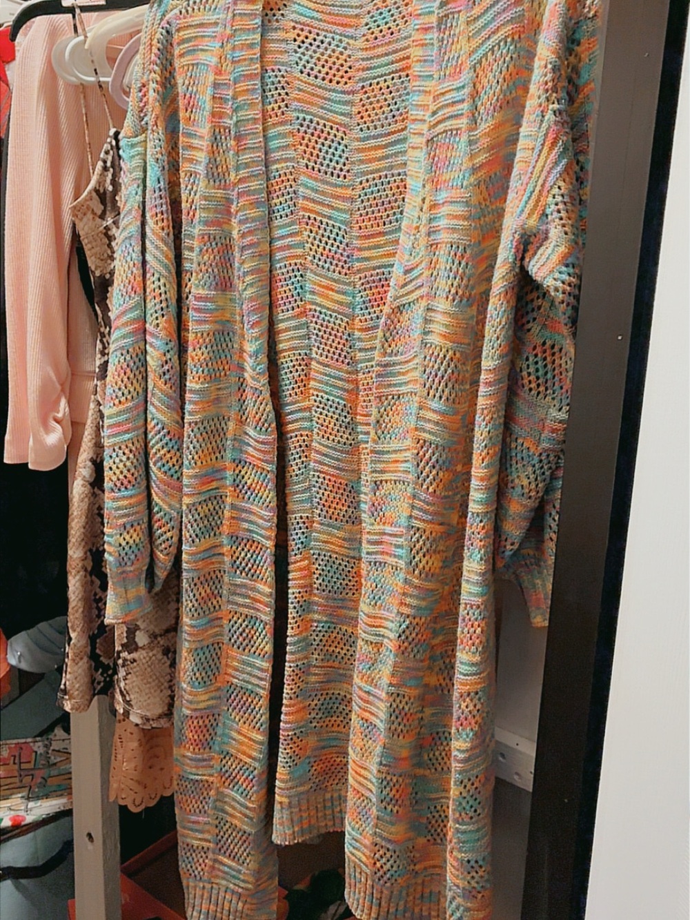 Long Open-Knit Multicolor Cardigan Sweater - Women